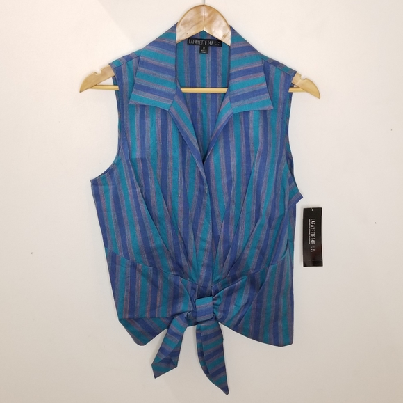 Lafayette 148 Blue Turquoise Stripe Sleeveless Tie Waist Buttonfront Top 12 NWT - Picture 10 of 14